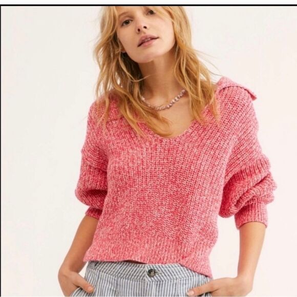 Free People Love This City Pink White Collared Slouchy Crop Sweater - Size XS - Picture 1 of 15